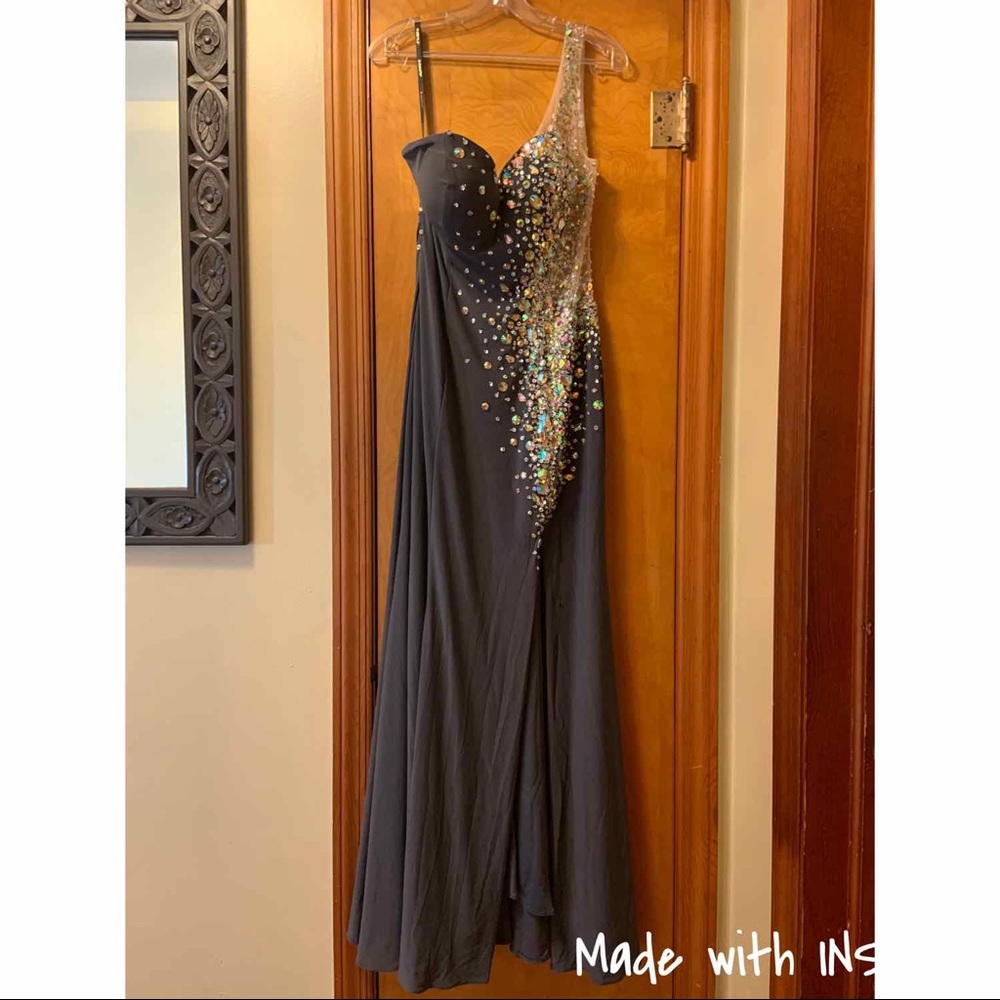 Jovani Grey One Strap Gown with Rhinestones